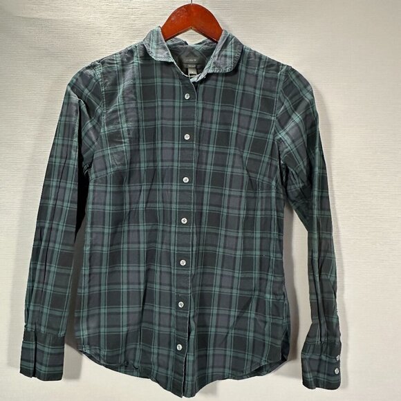 J Crew Perfect Shirt Women 2 Green Plaid Cotton Long Sleeve Button Up Blouse - Picture 1 of 6